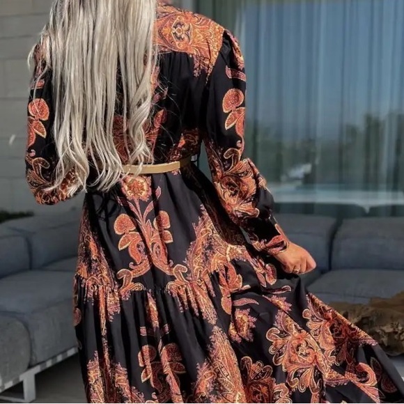 🌺 PAISLEY DRESS LONG SLEEVE MAXI BUTTON DOWN OPENS UP CHIC CLASSY RUFFLE AYBA - Picture 5 of 6